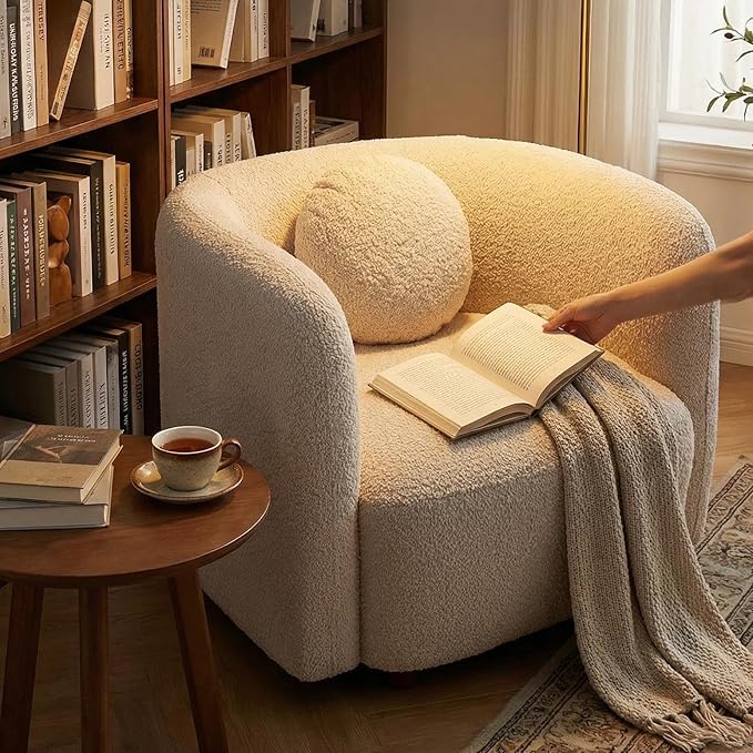 Modern Boucle Accent Square Sofa Chair Oversized Single Cloud Couch Chair Japandi Style 1-Seater Armchair with Thick Foam Comfy Boucle Chair for Living Room &amp Bedroom White