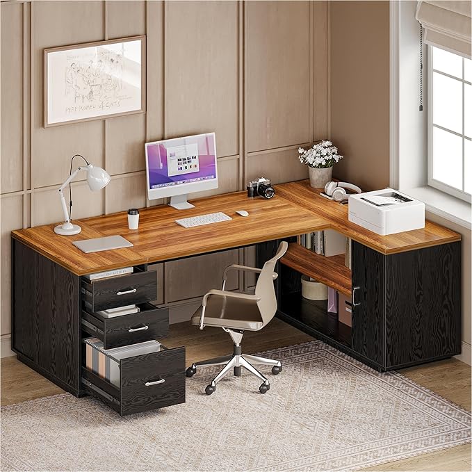 LITTLE TREE 87-Inch Modern Executive Desk with File Cabinet Large Home Office Desk with Drawers 3-Drawer Wooden File Cabinet Spacious Workstation for Home Office (Brown &amp Black)