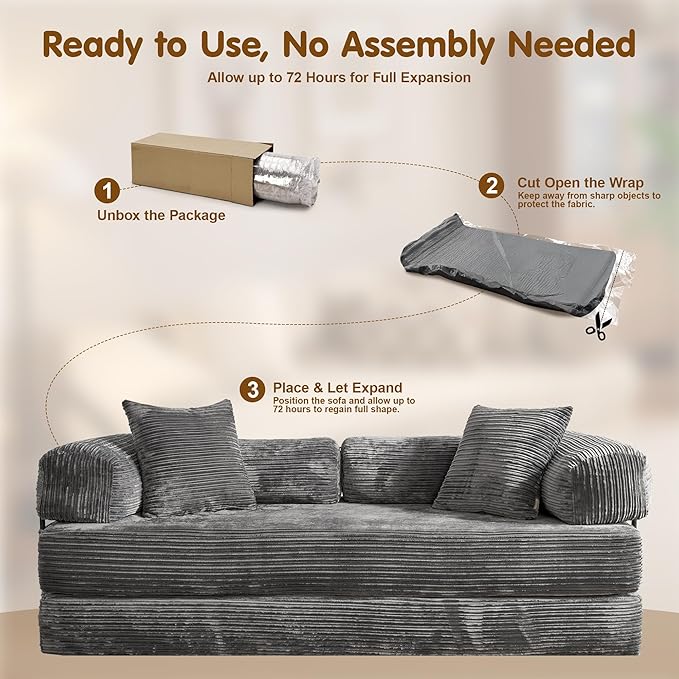 81″ Convertible Sleeper Sofa Bed with Pillows Corduroy Foldable Mattress Couch with Fixed-Shape Frame Futon Sofa Bed Boneless Couch for Living Room Bedroom Lounge Studio Gray