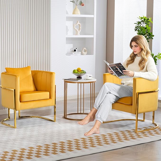 Velvet Modern Accent Chair Upholstered Barrel Armchair Mid Century with Pillow for Living Room Comfy Single Vanity Chair with Metal Gold Legs for Bedroom Yellow
