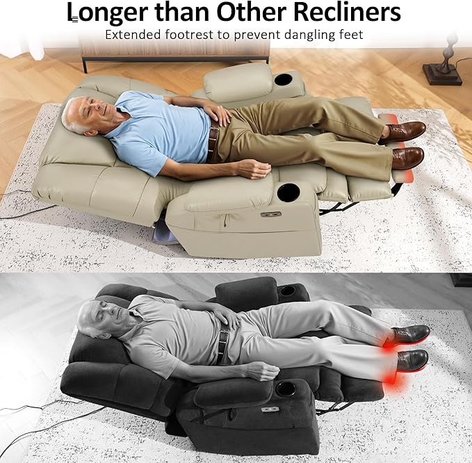 MCombo Oversized Triple Motor Power Lift Recliner Chair with Massage and Dual Heating Adjustable Headrest for Big and Tall Elderly People Faux Leather R7635 (Beige Large-Oversize)