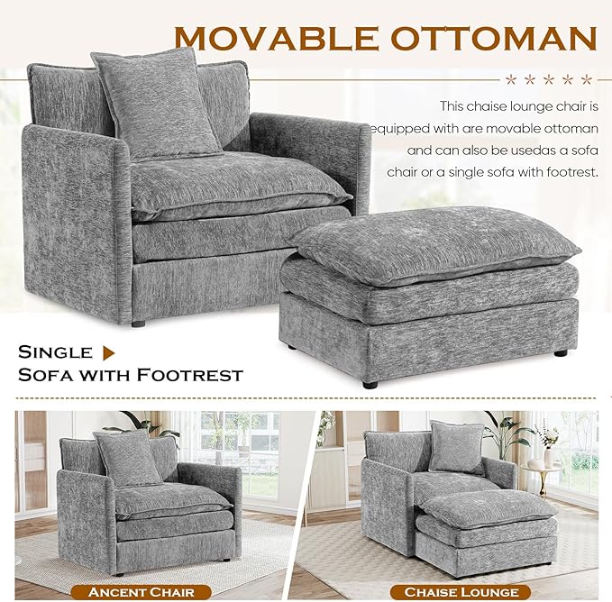 Oversized Chaise Lounge Chair Indoor Modern Comfy Chenille Cloud Accent Chair and A Half with Ottoman Single Deep Seat Sofa Couch Reading Armchair for Living Room Bedroom Apartment Light Gray
