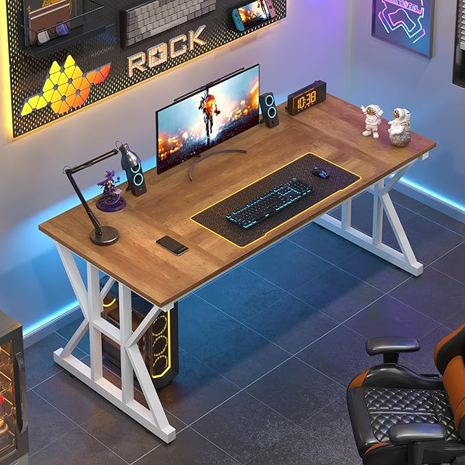 TVU Computer Desk 55 inch Large Office Desk Study Writing Table with Thicken Frame Gaming Desk Modern Simple Desk for Home Office Brown