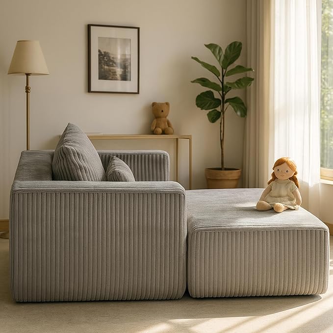 KEIKI Chaise Lounge Chair Indoor with Ottoman 62.6 D Oversized Sleeper Chair Corduroy Upholstered Comfy Sofa for Bedroom Living Room Office Grey