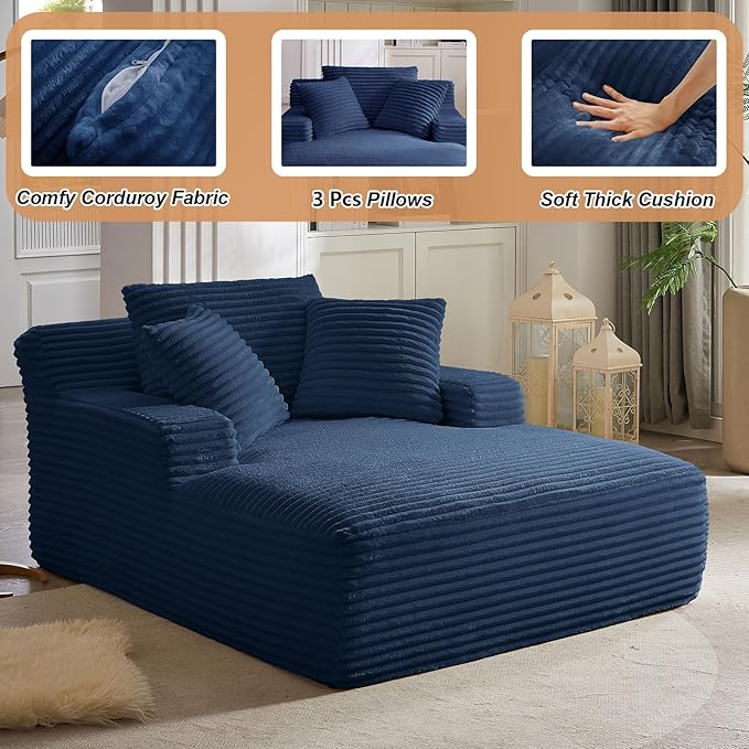 49.2 Oversized Chaise Lounge Chair IndoorCorduroy Boneless Reading Chair with 3 PillowsDeep Seat Cloud Sofa BedComfy Modern Sleeper Chairs in Box for Living Room BedroomNo Assembly(Blue)