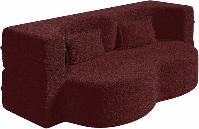 Modern Floor Sofa 78 Convertible Folding Sofa Bed with 2 Pillow Teddy Fabric Foam-Filled Mattress Sleeper for Living Room Guest Bed Playroom No Assembly Required Burgundy