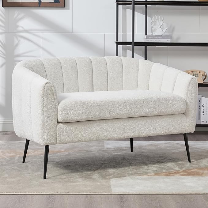 59 Small Loveseat Sofa 2-Seater Modern Chenille Couch with Gold Metal Legs &amp Floral Backrest Compact Apartment Sofa for Living Room Bedroom Office Dorm (Chenille Ivory(50.2''))