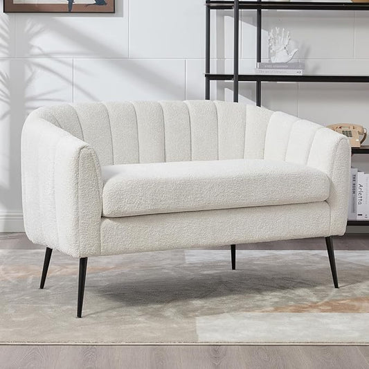 59 Small Loveseat Sofa 2-Seater Modern Chenille Couch with Gold Metal Legs &amp Floral Backrest Compact Apartment Sofa for Living Room Bedroom Office Dorm (Chenille Ivory(50.2''))