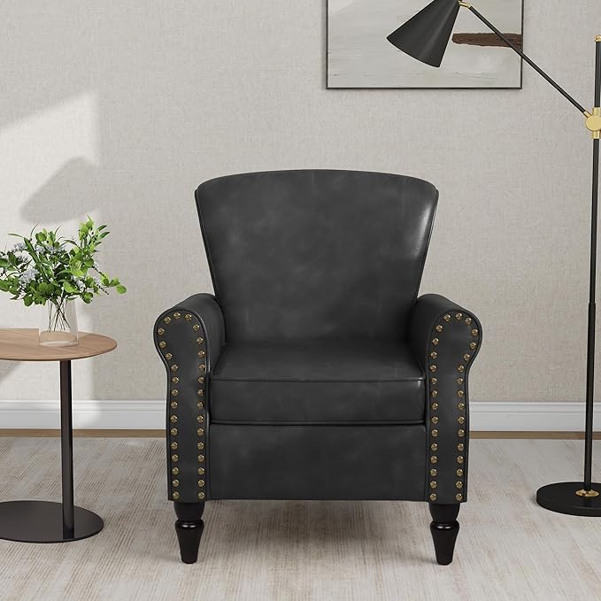 Accent Chair Mid Century Modern Faux Leather Arm Chair with Wood Leg for Living Room Bedroom Comfy PU Leather Club Reading Chairs with Wingback &amp Nailhead Trim (Leather Black Set of 1)