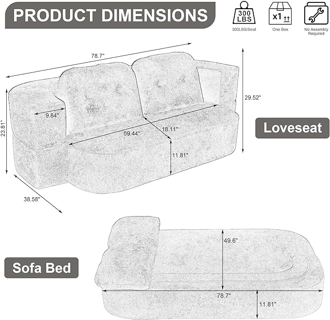 78.7 W Boneless Cloud Loveseat Sofa 2 in 1 Convertible Floor Folding Couch Bed No Assembly Compressed Foam Lounge Sofa Sleeper for Dorm Apartment Office Bedroom Living Room Small Spaces