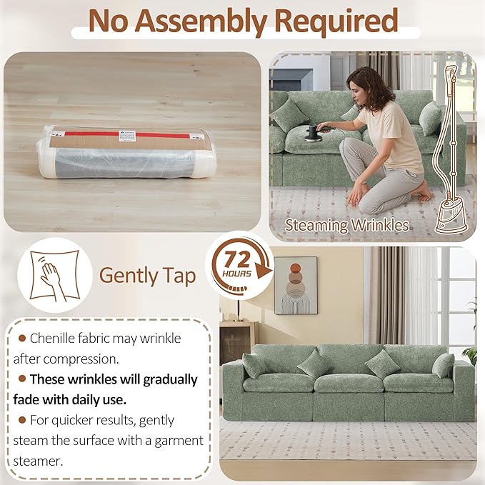 115''Cloud Boneless Sectional Couch Modular Sectional Sofa Deep Seat Oversized Upholstered Convertible Comfy 3 Seater Chenille Memory Foam Sofa Couches for Living Room Green