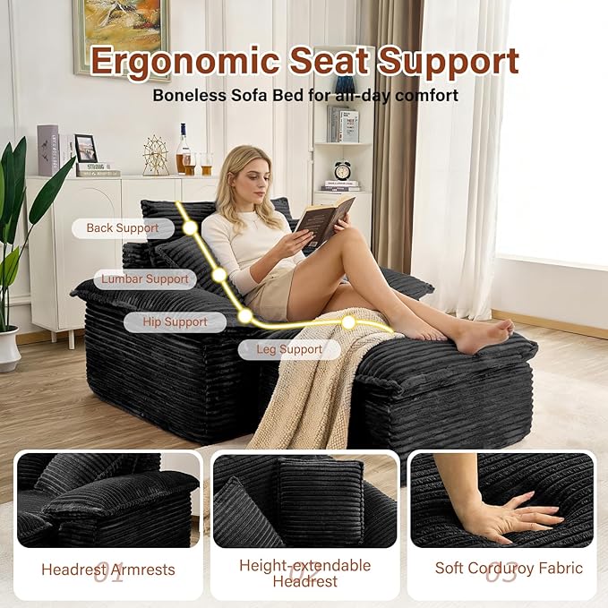 Boneless Sofa with Removable OttomanUpholstered Sofa Bed with PillowsPlush Faux Fur Lounge Reading Chairs with ArmrestsCloud Couches for Living RoomNo Assembly Required (Black Single seat) | No A