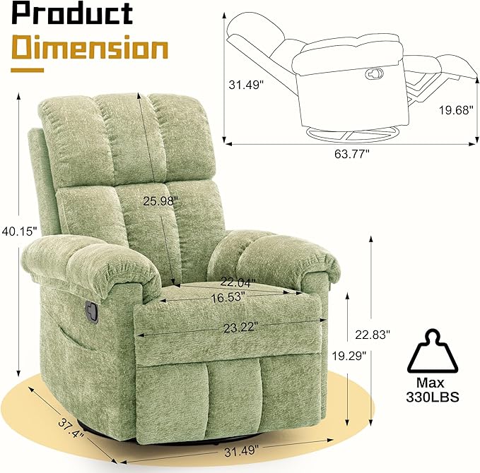 Recliner Chair Swivel Rocker Recliner Chair for Adults Small Recliners for Small Spaces Upholstered Manual Recliner with Side Pockets Nursery Rocking Chair for Living Room Chenille Green