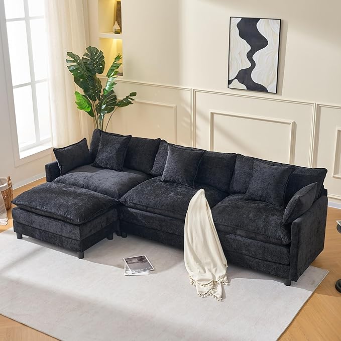 108 L-Shaped Modular Sectional Sofa with Ottoman Modern Cloud Couch Chenille Deep Seat 3-Seater for Living Room Solid Wood Frame &amp Easy Assembly (Black 3 Seat)