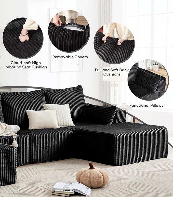 Tbfit Sectional Cloud Couch for Living Room Modular Sofa Bed with Angled Armrest Comfy Boneless Sofa with Wide Seat &amp Deep Seat Black
