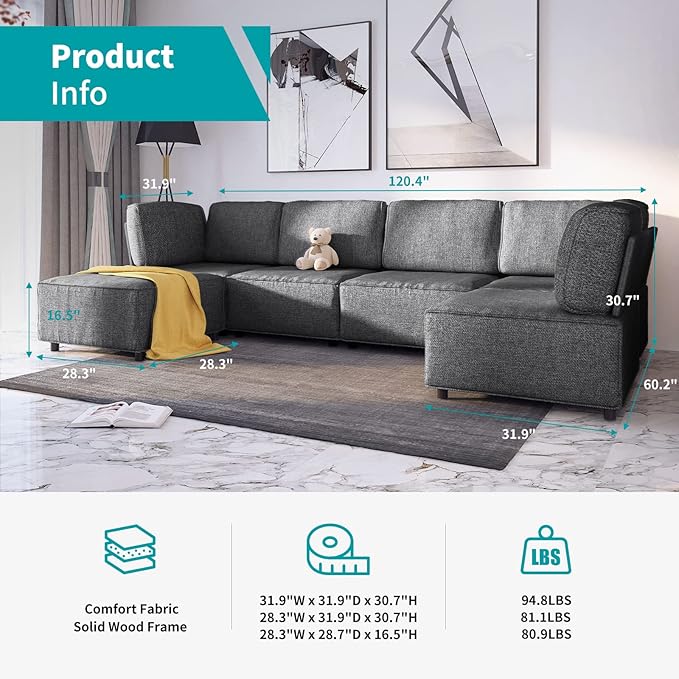BALUS 120 Sectional Sofa for Living RoomU Shaped Modular Sofa Couch with Ottoman 6-Seat Oversized Sleeper Sofas Deep Seat for Apartment Home OfficeLinen Fabric Gray