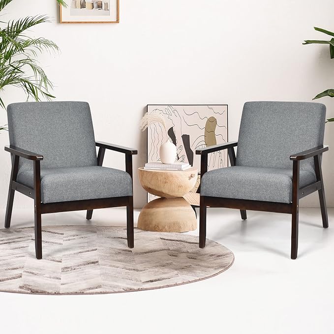 POWERSTONE Mid Century Accent Chair Set of 2 Modern Armchair Wood Frame Linen Upholstered Reading Lounge Leisure Side Chair for Living Room Bedroom Dark Grey