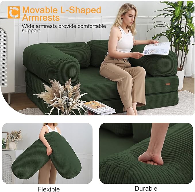 COMAX 4‑in‑1 Futon Sofa Bed Queen – Floor Foldable Convertible Sofa Couch with L‑Shaped Armrests Removable Cover Green Convertible Guest Bed | Space‑Saving Fold‑Out Mattress Lounge for Living Room