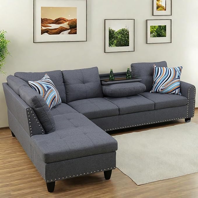 FONTOI L Shaped Sectional Couch Sofa Modern Nail-Head Design Sectional Sofa for Living Room 4 Seat L Couch with Storage Ottoman &amp Cup Holder for Bedroom Apartment Grey