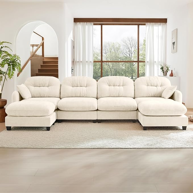 140 Modular Sectional Sofa Comfy U Shaped Cloud Couch with Ottoman Chenille Sofa Sleeper Deep Seat Sofas with Throw Pillows for Apartment-Beige