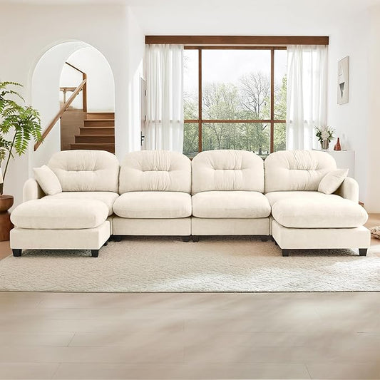 140 Modular Sectional Sofa Comfy U Shaped Cloud Couch with Ottoman Chenille Sofa Sleeper Deep Seat Sofas with Throw Pillows for Apartment-Beige