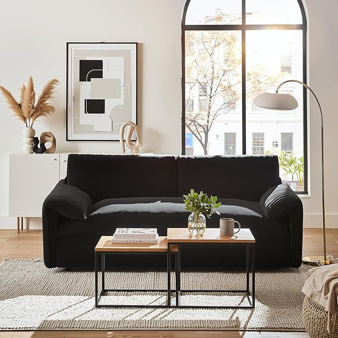 Homy Casa 66 3-in-1 Convertible Sofa Bed Queen Size Pull-Out Bed with Side Storage Velvet Loveseat Modern Sleeper Sofa for Living Room Office or Guest Room (Black)
