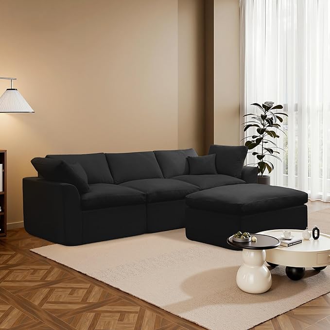 112 Cloud Sectional Couches for Living Room Modern Modular Sectional Sofa with Ottoman Boneless Cloud Couch with Comfy Deep Seats Fluffy Chenille L-Shape Sofa Couch for Living Room Black