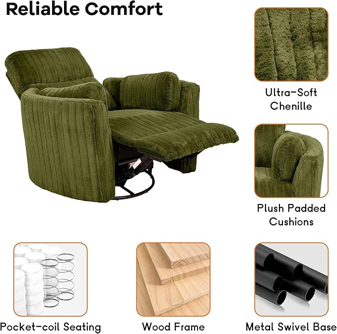 leovanni Power Swivel Rocker Recliner Chenille Upholstered Nursery Glider Rocking Chair with 2 Pillows USB Ports Electric Nursing Reclining Chairs Bedroom Living Room Olive Green
