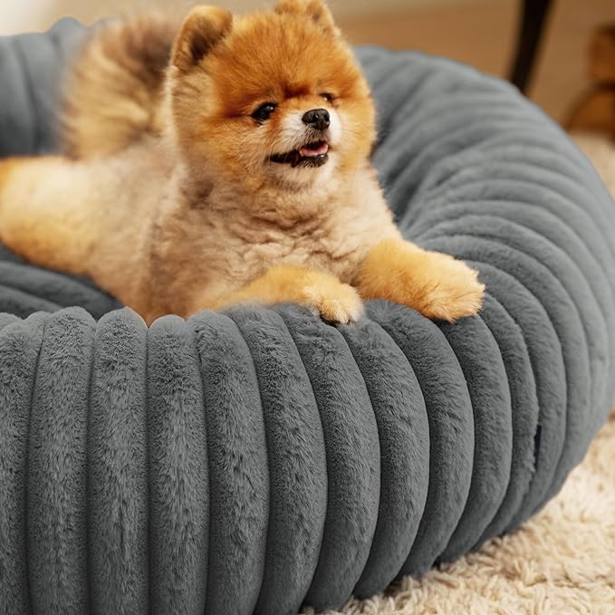 Bedsure ComfyFleece™ Donut Small Dog Bed - Dog Beds for Small Dogs with Corduroy Fleece &amp Anti Slip Bottom Round Faux Fur Pet Beds with Washable Removable Cover Warm Grey 23x23x7 inches