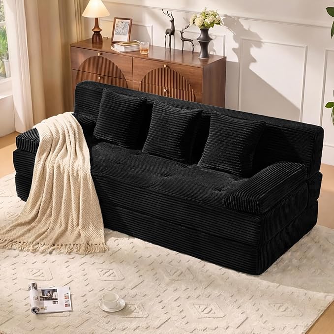 78.7IN Folding Sofa Bed - Convertible Sleeper Sofa Couch with Removable Pillows 3 Seater Couches Bed for Living Room Bedroom Apartment No Assembly Required Freestanding Corduroy Black