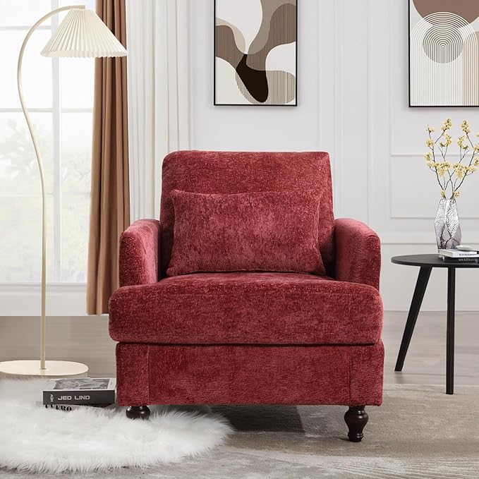 KINFFICT Modern Accent Chair for Living Room Upholstered Single Sofa Chair with Lumbar Pillow Comfy Armchair with Thickened Cushion Living Room Chairs for Bedroom Office Red Chenille