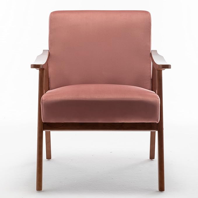 Mid Century Modern Accent Chairs with Solid Wood Frame Comfortable Accent Chair with Arms for Living Room or Bedroom Pink