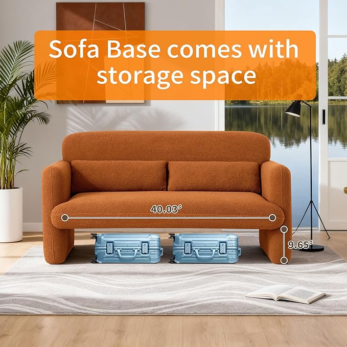 59.1 Boucle Modern Sofa Couch 2 Seater Sherpa Lamb Fabric Loveseat Comfy Upholstered Couch Leisure Lounge Sofa with 2 Waist Pillow for Bedroom Office and Living RoomOrange