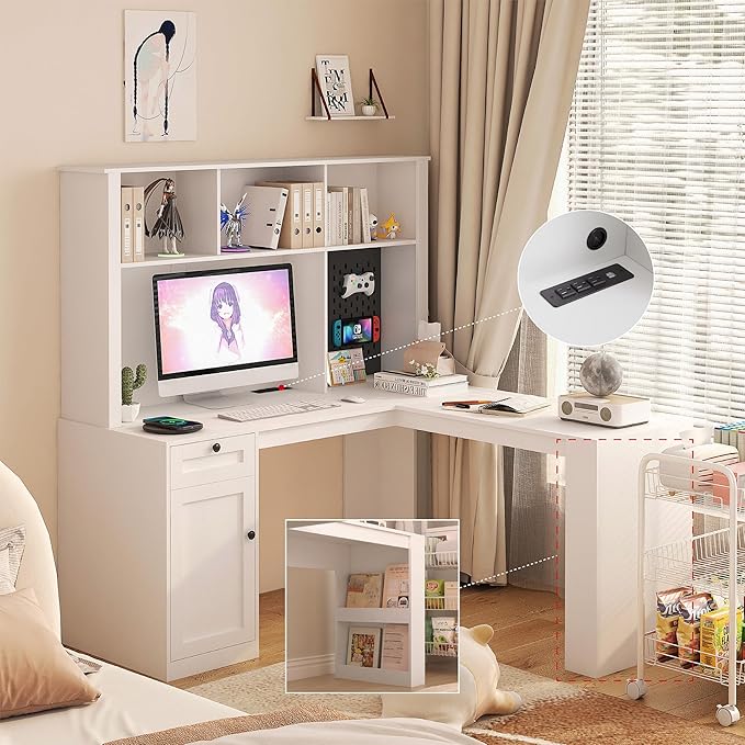 L Shaped Desk with Outlet Computer Desk with Drawers Bookshelf Hutch Modern Corner Desk Home Office DeskL Shaped Study Table Writing DeskCorner Gaming Computer Desk with Storage