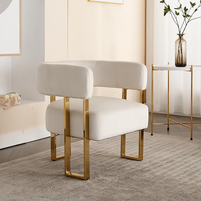 Modern Barrel Accent Chairs Set of 2 Living Room Side Chairs with Golden Metal Legs Soft Velvet Upholstered Reading Armchairs for Bedroom/Reception Room/Lounge/Office Ivory