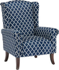 MOJAY Modern Accent Chair Comfy Wingback Armchair Blue Plaid Club Chair with Wooden Legs for Living Room Bedroom Office or Balcony