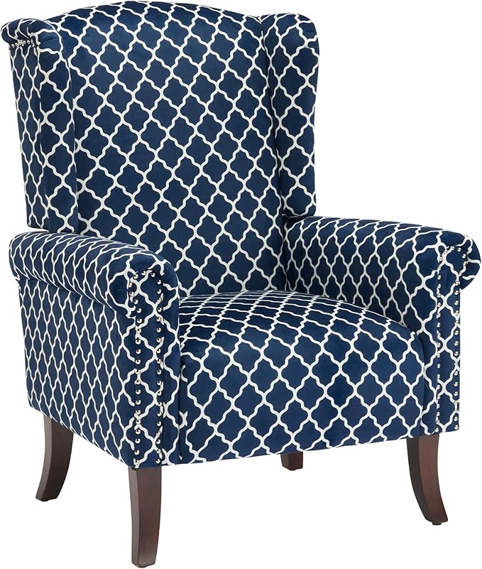 MOJAY Modern Accent Chair Comfy Wingback Armchair Blue Plaid Club Chair with Wooden Legs for Living Room Bedroom Office or Balcony