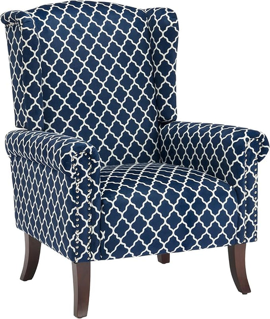 MOJAY Modern Accent Chair Comfy Wingback Armchair Blue Plaid Club Chair with Wooden Legs for Living Room Bedroom Office or Balcony