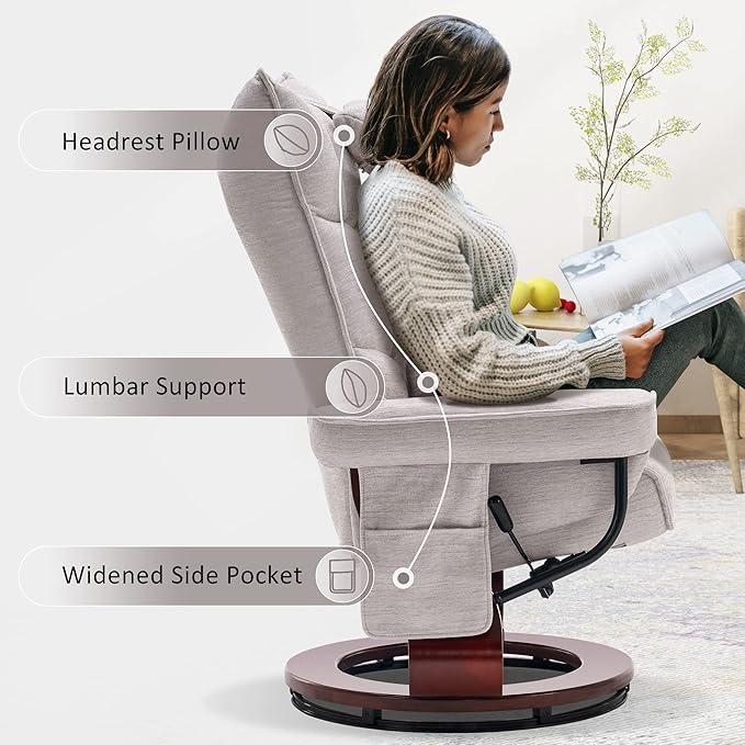 MCombo Swivel Recliner with Ottoman TV Chair Sets with Vibration Massage Ideal for Small Space Living Room &amp Bedroom 4188 (Beige)