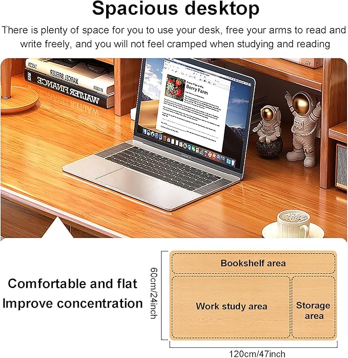 Solid Wood Writing Desk Mid-Century Modern Computer Desk with Hutch and 2 DrawersSimple Study Table Home Office Workstation with Open Storage Shelf(80x60x105cm(31x24x41in) Wood)