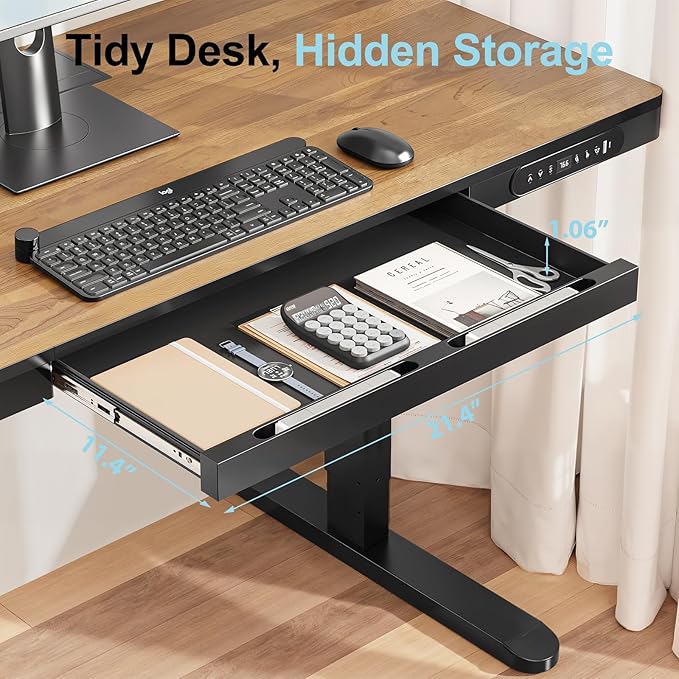 Electric Standing Desk with Drawer and Wireless Charging 48 Inch Sit Stand Desk with USB Charging Station Hidden Cable Management Tray Height Adjustable Computer Desk for Home Office Walnut