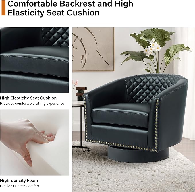 Lumibee 360° Swivel Barrel Chair Faux Leather Swivel Accent Chair with Nailhead Trim Upholstered Round Club Chair Armchair for Living Room Bedroom Black