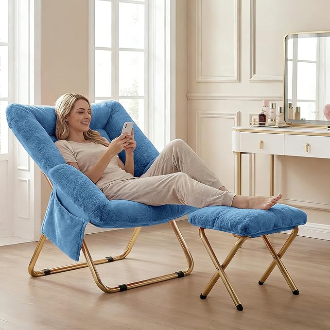 Comfy Saucer Chair for Adults Foldable Living Room Chairs Soft Faux Fur Lounge Chair for Bedroom Reading Chairs X-Large (Ottoman-Blue)