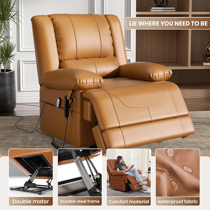 Large Dual Motor Power Lift Recliner Chair with Massage and Heat for Elderly People Infinite PositionUSB Ports and Remote ControlBreathable Leather (Yellow)