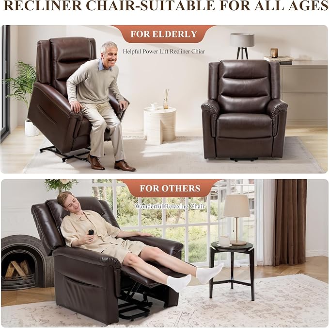 COLAMY PU Leather Power Lift Chair with Massage and HeatElectric Lift Recliner Chair with Thick Cushioned Padding Backrest for Living Room Office Bedroom （Darkbrown）