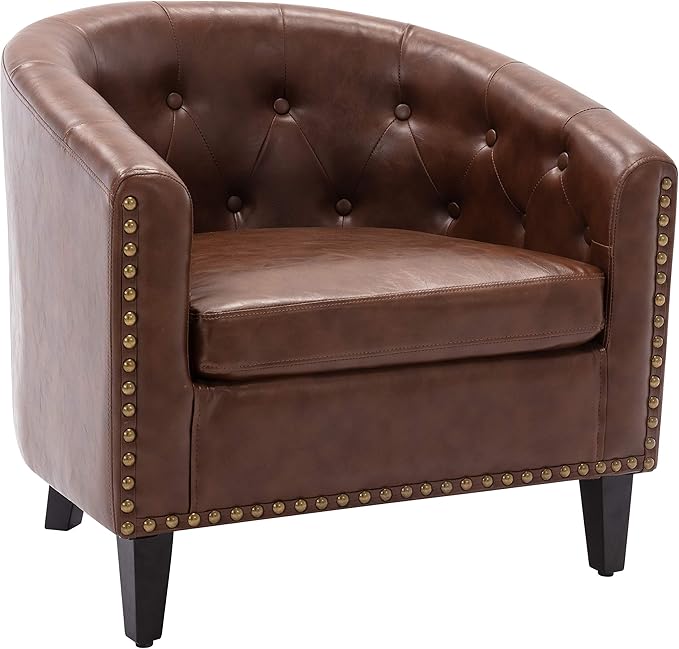 Generic PU Leather Tufted Barrel ChairTub Chair for Living Room Bedroom Club Chairs Dark Brown