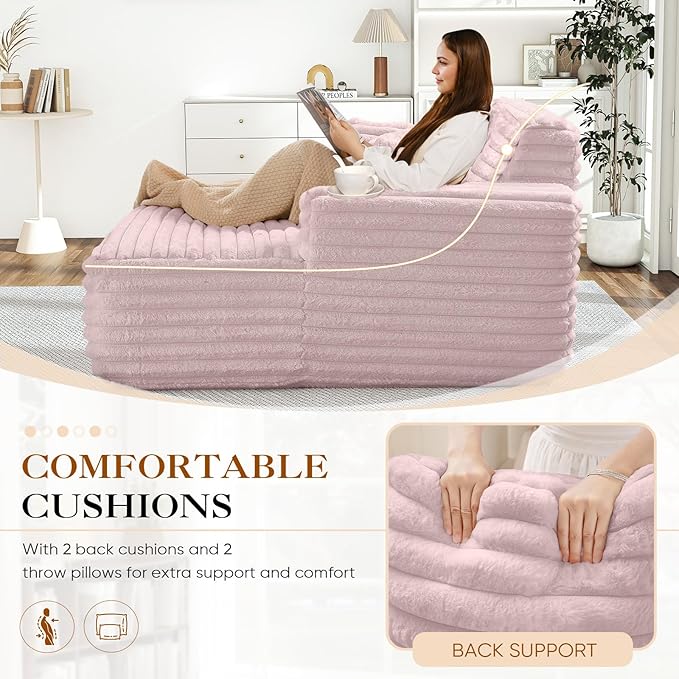 Chaise Lounge Chair Indoor Comfy Corduroy Plush Fluffy Foam Floor Compression Sofa Chair Leisure Reading Single Sleeper Chaise Chair for Living Room Bedroom Office Pillows Included (Pink)
