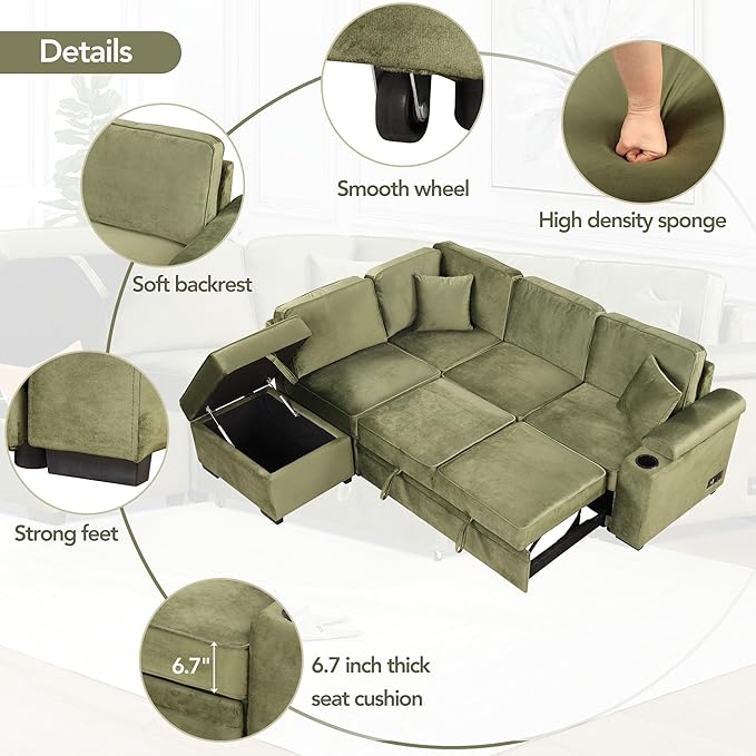 Linen L-shape Reversible Sleeper Sectional Sofa Couch with Storage Ottoman 2 in 1 Pull Out Convertible Sofa Bed with Cup Holders and USB Charging Port for Living Room Apartment Office (Green-LI)
