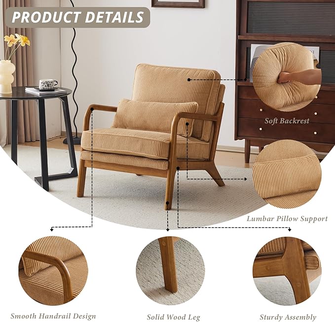 Karl home Mid-Century Modern Accent Chair Living Room Chairs with Pillow Upholstered Lounge Armchair with Solid Wood Frame &amp Soft Cushion for Bedroom Reading Room Corduroy Khaki (Low Back)