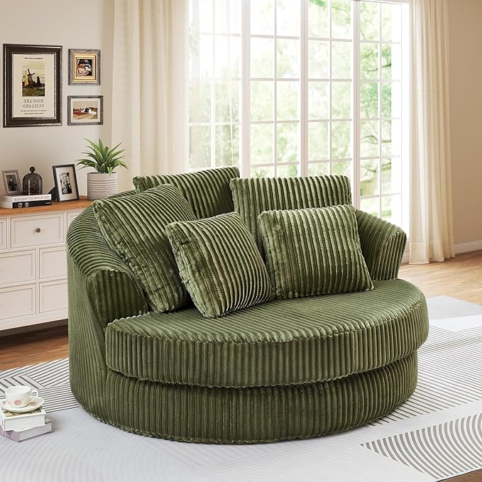 61-inch Boneless Round Chair Circle Corduroy Memory Foam Upholstered Chaise Lounge Indoor Comfy Reading Accent Deep Seat Sofa Chair for Living Room Bedroom Office No Assembly Required Green